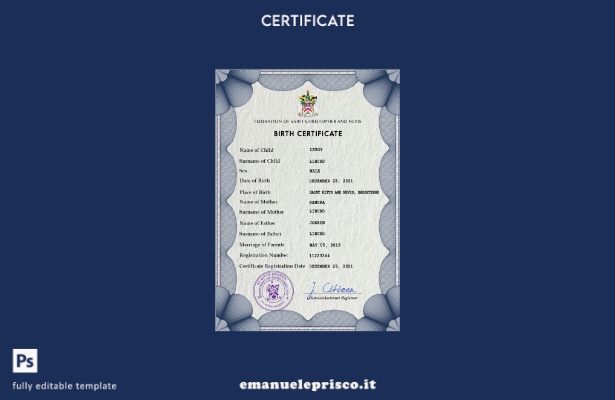 modello PSD del certificato di nascita dello stato di stato di Saint Kitts in st